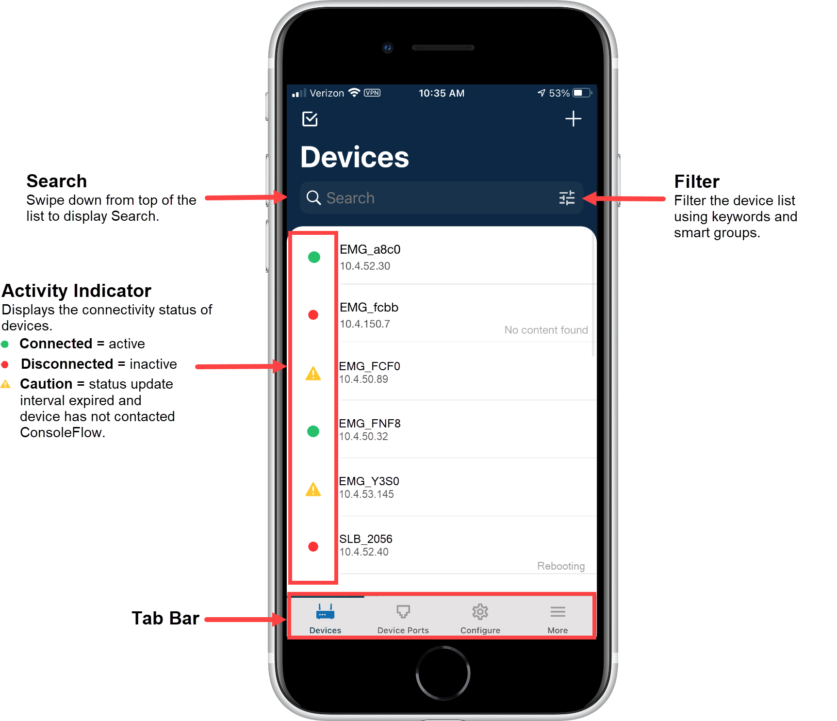 Tab Bar, Search Devices, and Connectivity Indicators