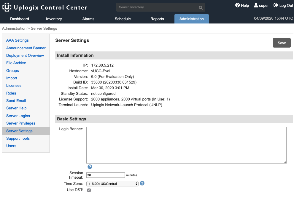 Lantronix Control Center Administration Server Settings