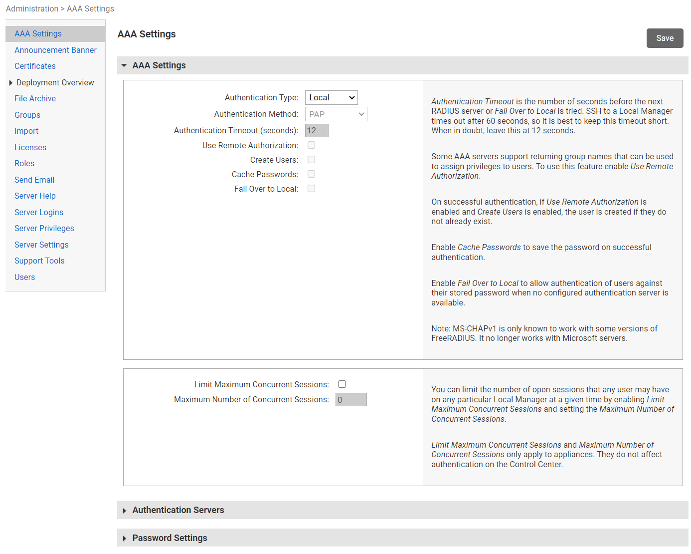 Lantronix Control Center - AAA Settings