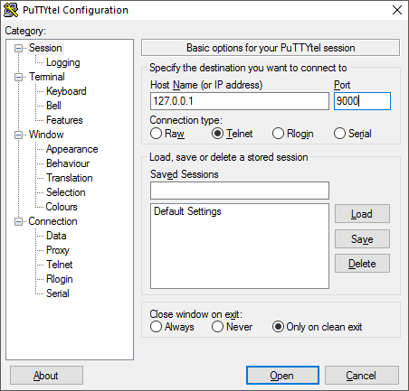 Putty - Telnet Localhost